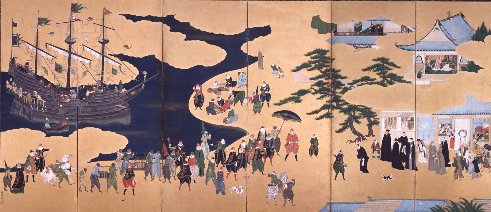 南蛮屏風（狩野内膳筆、1600年頃）。南蛮船と南蛮人の行列