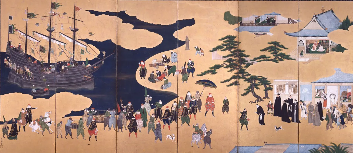 南蛮屏風（狩野内膳筆、1600年頃）。南蛮船と南蛮人の行列